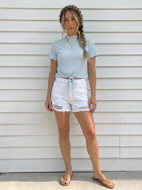 Paper Crane T-Shirt Cropped Waffle Knit Top Light Blue Short Sleeve Size Large